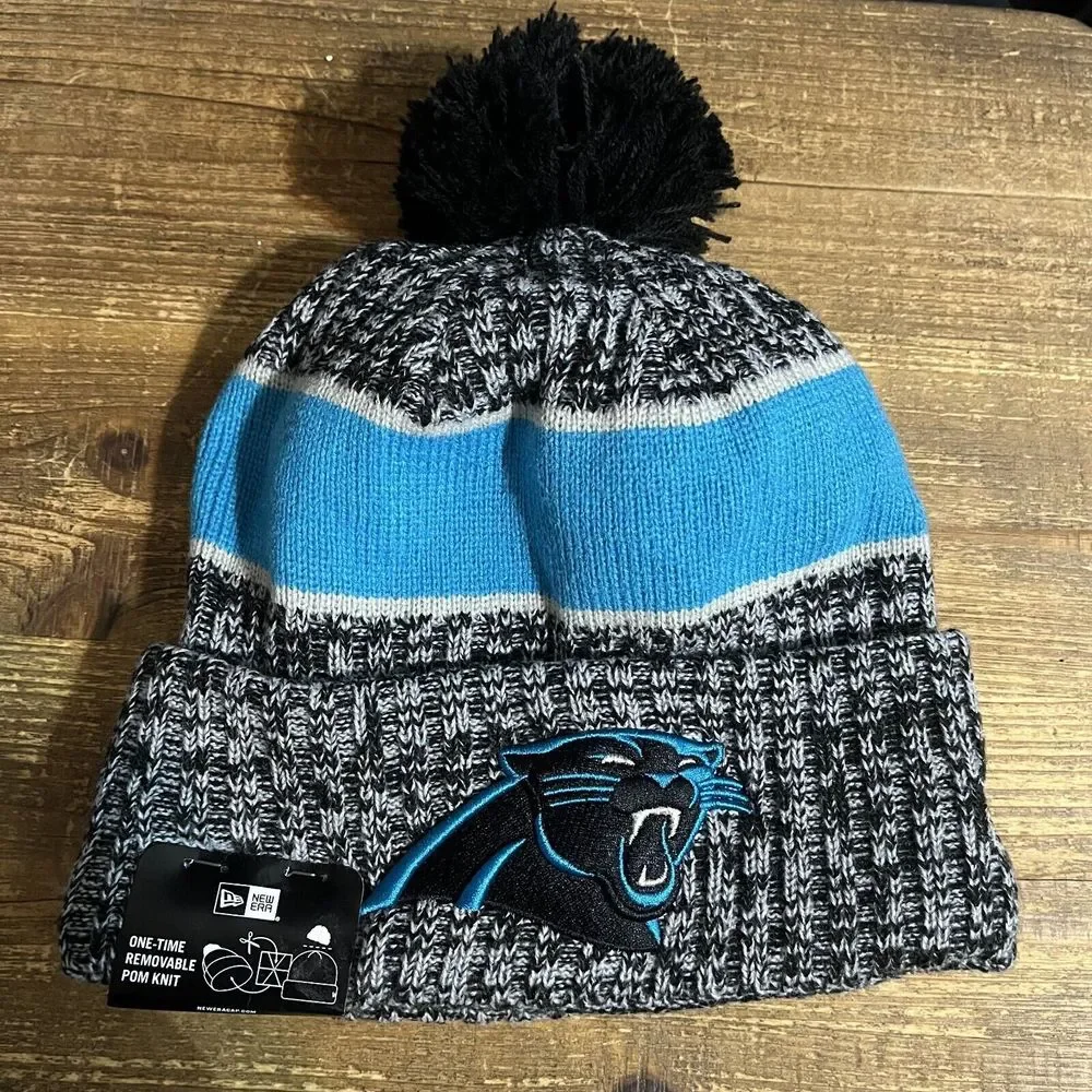New Era Black Carolina Panthers Bannie Hat‎ Men's One Size Logo Cuffed Knit Pom